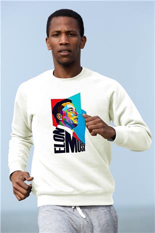 Elon Musk Baskılı Beyaz Unisex Sweatshirt