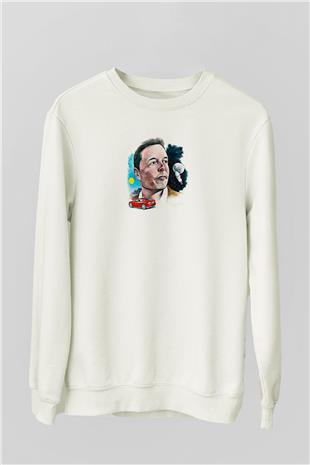 Elon Musk Baskılı Beyaz Unisex Sweatshirt
