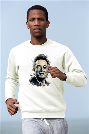 Elon Musk Baskılı Beyaz Unisex Sweatshirt
