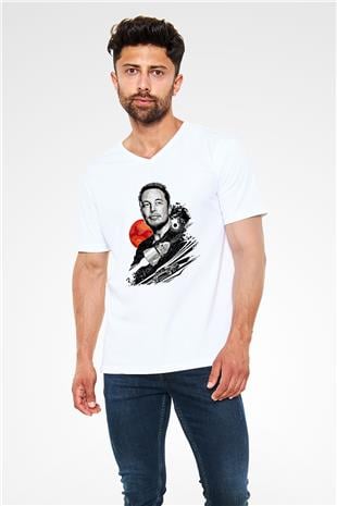 Elon Musk Baskılı Beyaz Unisex V Yaka Tişört - Tshirt