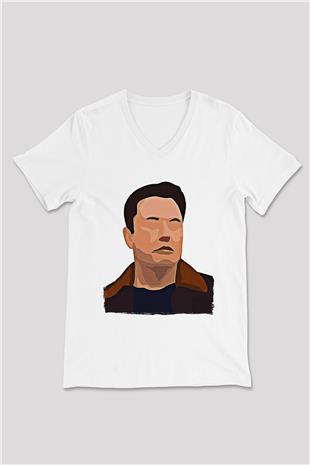 Elon Musk Baskılı Beyaz Unisex V Yaka Tişört - Tshirt