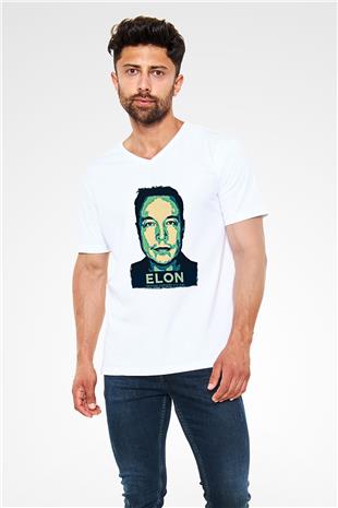 Elon Musk Baskılı Beyaz Unisex V Yaka Tişört - Tshirt