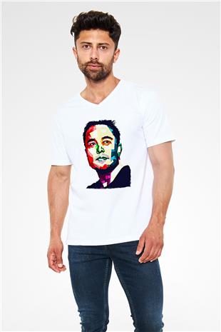 Elon Musk Baskılı Beyaz Unisex V Yaka Tişört - Tshirt