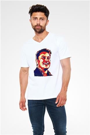 Elon Musk Baskılı Beyaz Unisex V Yaka Tişört - Tshirt