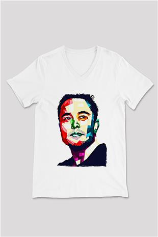 Elon Musk Baskılı Beyaz Unisex V Yaka Tişört - Tshirt