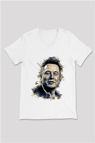 Elon Musk Baskılı Beyaz Unisex V Yaka Tişört - Tshirt
