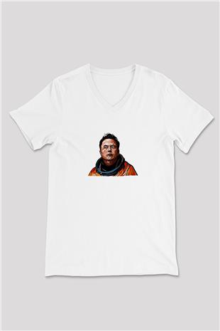 Elon Musk Baskılı Beyaz Unisex V Yaka Tişört - Tshirt