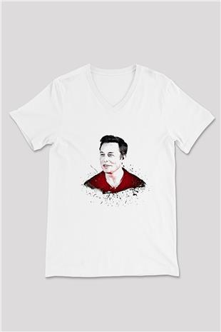Elon Musk Baskılı Beyaz Unisex V Yaka Tişört - Tshirt