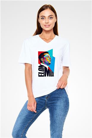Elon Musk Baskılı Beyaz Unisex V Yaka Tişört - Tshirt