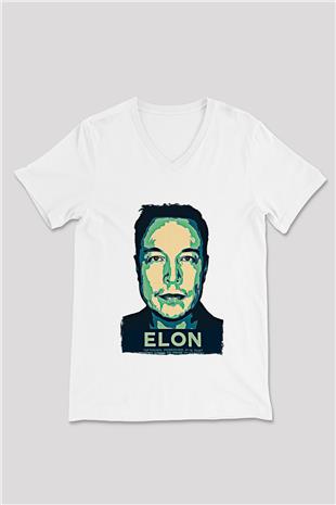 Elon Musk Baskılı Beyaz Unisex V Yaka Tişört - Tshirt