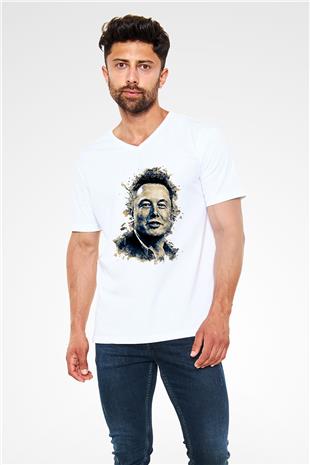 Elon Musk Baskılı Beyaz Unisex V Yaka Tişört - Tshirt