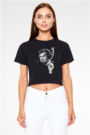 Elon Musk Baskılı Siyah Crop Top Kadın Tişört - Tshirt