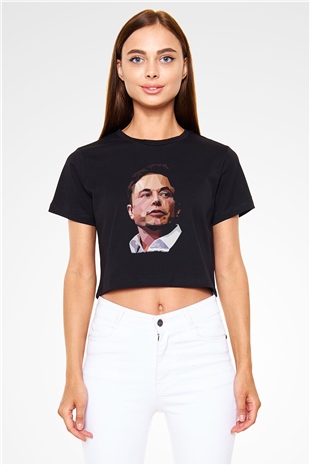 Elon Musk Baskılı Siyah Crop Top Kadın Tişört - Tshirt