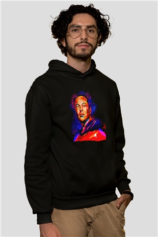 Elon Musk Baskılı Unisex Siyah Kapüşonlu Sweatshirt