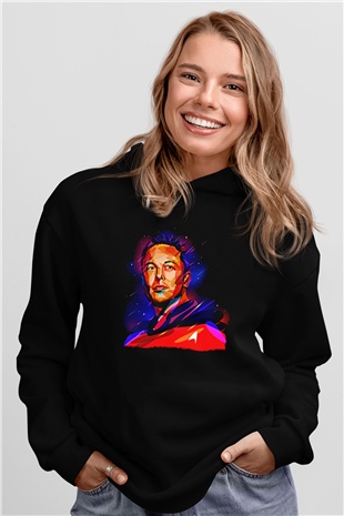 Elon Musk Baskılı Unisex Siyah Kapüşonlu Sweatshirt