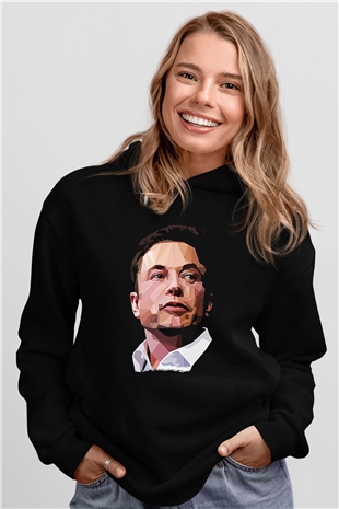 Elon Musk Baskılı Unisex Siyah Kapüşonlu Sweatshirt