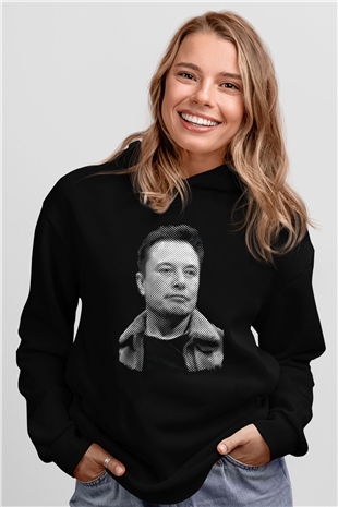 Elon Musk Baskılı Unisex Siyah Kapüşonlu Sweatshirt