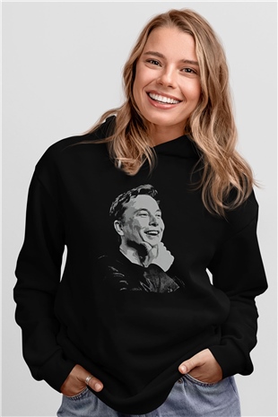 Elon Musk Baskılı Unisex Siyah Kapüşonlu Sweatshirt