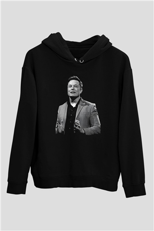 Elon Musk Baskılı Unisex Siyah Kapüşonlu Sweatshirt