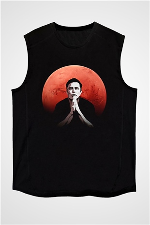 Elon Musk Baskılı Unisex Siyah Kolsuz Tişört - Tshirt