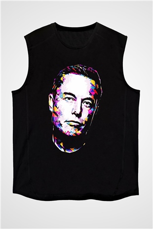 Elon Musk Baskılı Unisex Siyah Kolsuz Tişört - Tshirt
