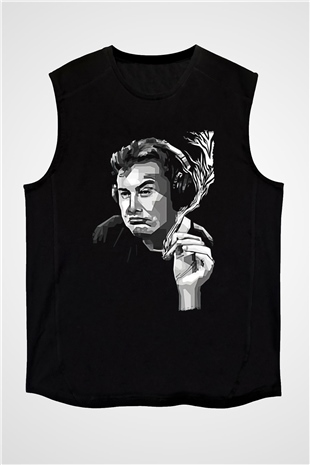 Elon Musk Baskılı Unisex Siyah Kolsuz Tişört - Tshirt