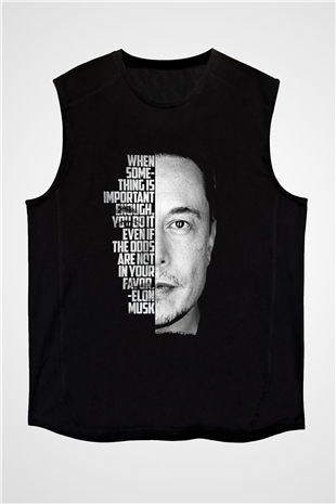 Elon Musk Baskılı Unisex Siyah Kolsuz Tişört - Tshirt