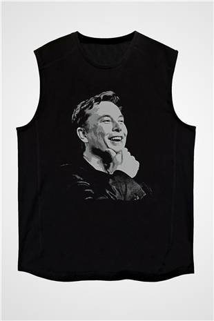 Elon Musk Baskılı Unisex Siyah Kolsuz Tişört - Tshirt