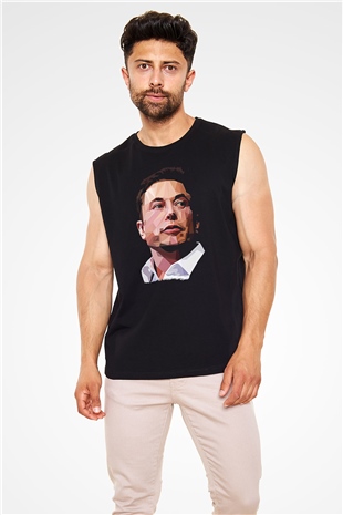 Elon Musk Baskılı Unisex Siyah Kolsuz Tişört - Tshirt