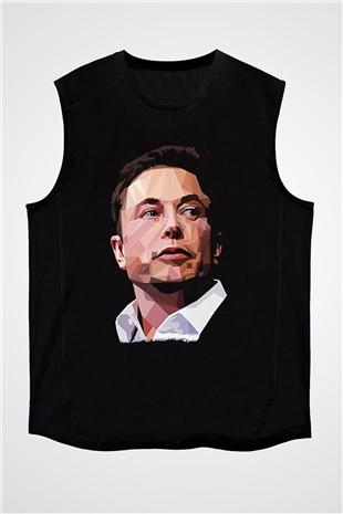Elon Musk Baskılı Unisex Siyah Kolsuz Tişört - Tshirt