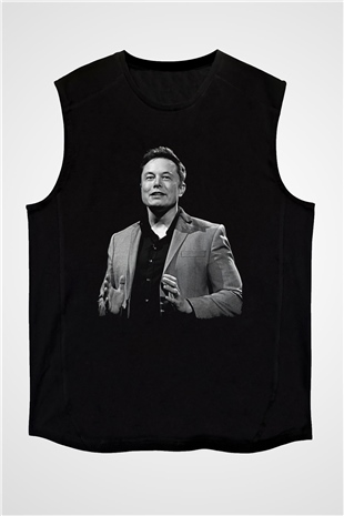 Elon Musk Baskılı Unisex Siyah Kolsuz Tişört - Tshirt