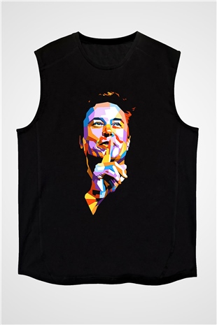 Elon Musk Baskılı Unisex Siyah Kolsuz Tişört - Tshirt