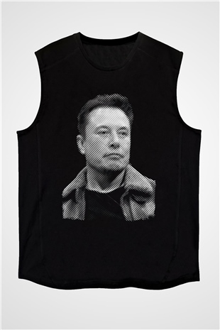 Elon Musk Baskılı Unisex Siyah Kolsuz Tişört - Tshirt