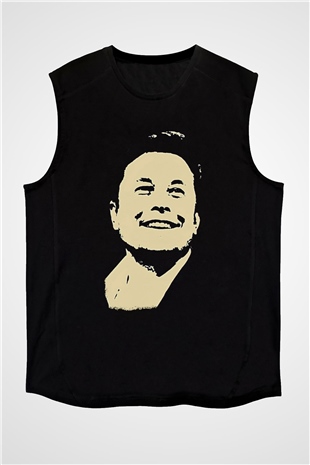Elon Musk Baskılı Unisex Siyah Kolsuz Tişört - Tshirt