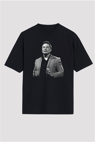 Elon Musk Baskılı Unisex Siyah Oversize Tişört - Tshirt