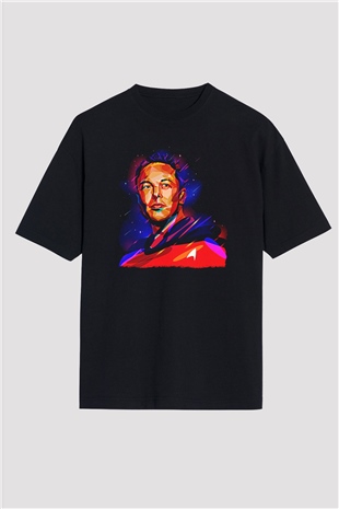 Elon Musk Baskılı Unisex Siyah Oversize Tişört - Tshirt