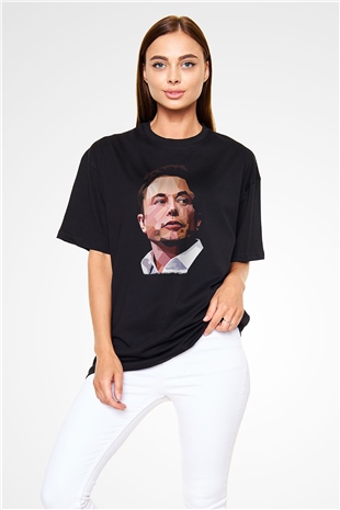Elon Musk Baskılı Unisex Siyah Oversize Tişört - Tshirt