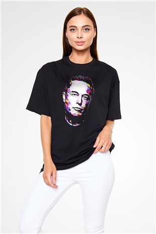 Elon Musk Baskılı Unisex Siyah Oversize Tişört - Tshirt