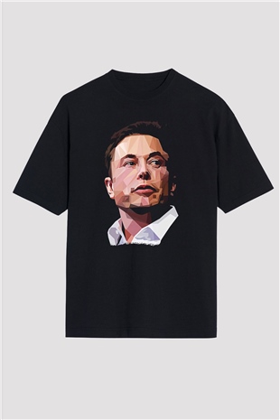 Elon Musk Baskılı Unisex Siyah Oversize Tişört - Tshirt