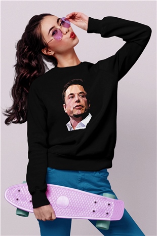 Elon Musk Baskılı Unisex Siyah Sweatshirt
