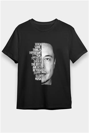 Elon Musk Baskılı Unisex Siyah Tişört - Tshirt