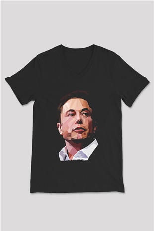 Elon Musk Baskılı Unisex Siyah V Yaka Tişört - Tshirt