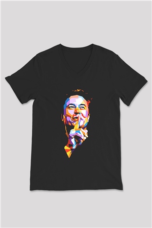 Elon Musk Baskılı Unisex Siyah V Yaka Tişört - Tshirt