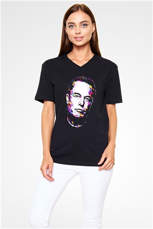 Elon Musk Baskılı Unisex Siyah V Yaka Tişört - Tshirt