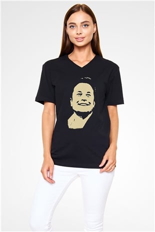 Elon Musk Baskılı Unisex Siyah V Yaka Tişört - Tshirt