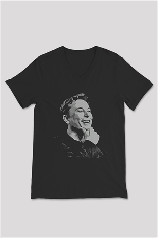 Elon Musk Baskılı Unisex Siyah V Yaka Tişört - Tshirt