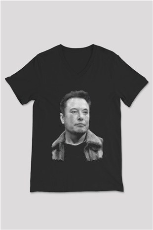 Elon Musk Baskılı Unisex Siyah V Yaka Tişört - Tshirt