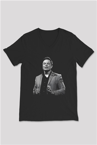 Elon Musk Baskılı Unisex Siyah V Yaka Tişört - Tshirt