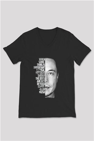 Elon Musk Baskılı Unisex Siyah V Yaka Tişört - Tshirt
