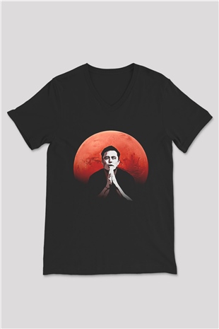 Elon Musk Baskılı Unisex Siyah V Yaka Tişört - Tshirt